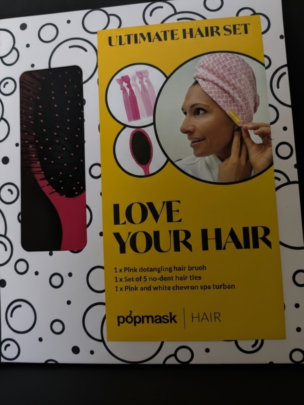 Popmask Pink Detangling Brush & Spa Turban Hair Set